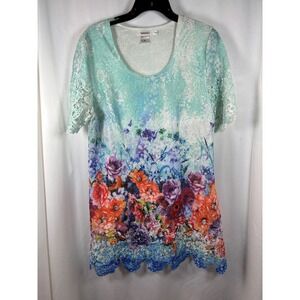 Feratelli Womens XL Floral Lace Trim Mint Green Short Sleeve Scoop Neck Blouse